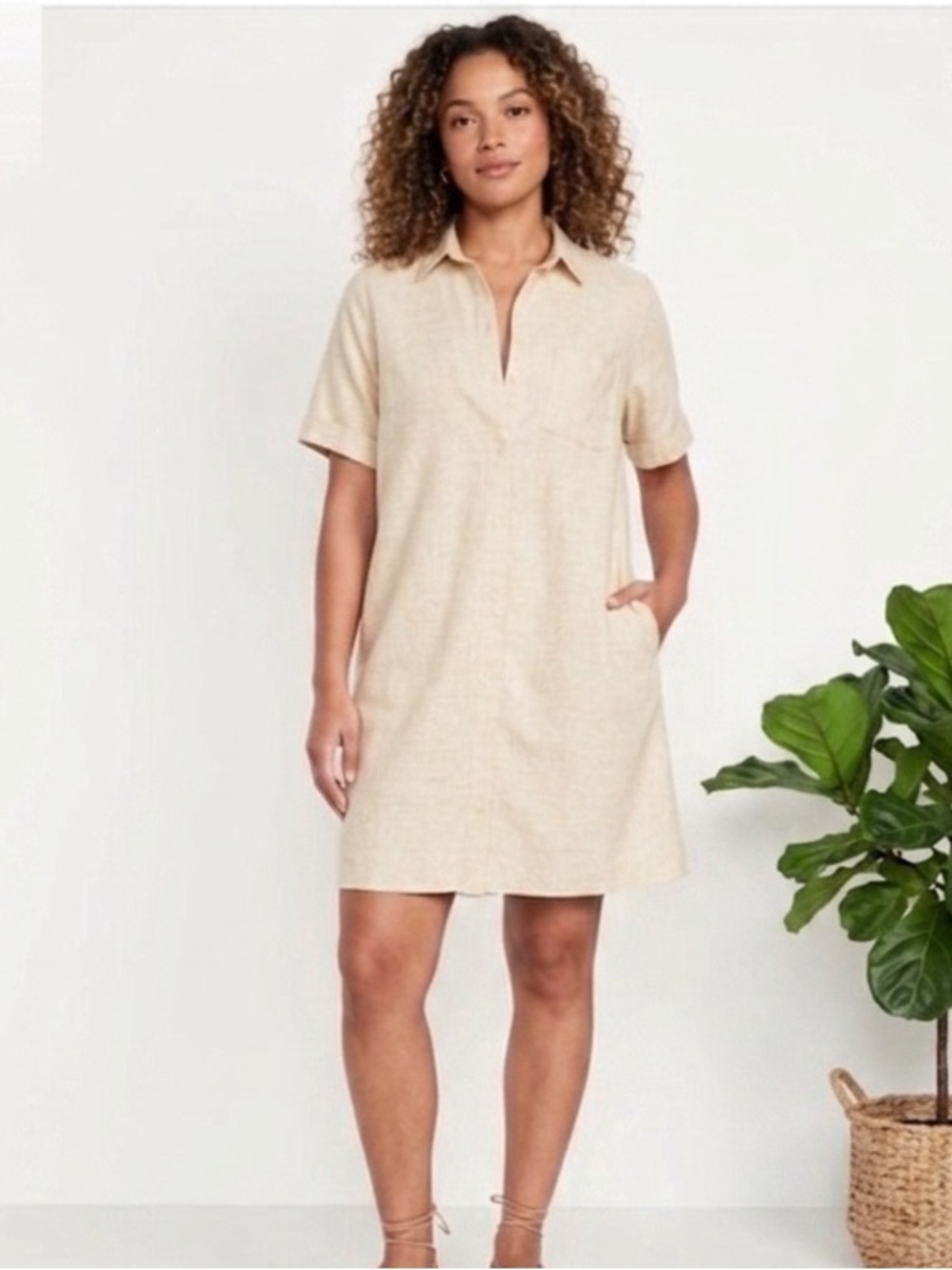 Old Navy Beige Short Sleeve Button-Down Linen Shirt Dress NWOT Size M